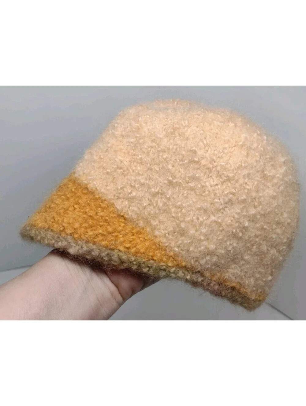 Vintage 70s Hand Knit Fuzzy Wool Blend Cloche Hat Peach Orange Brown Boho